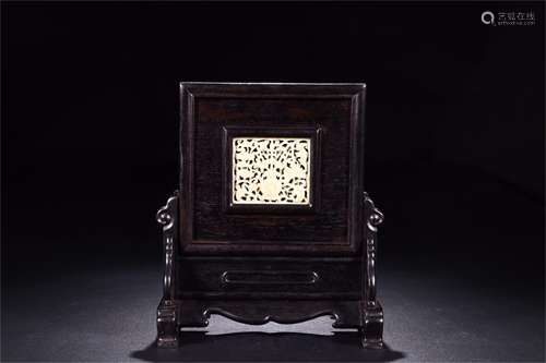 A Chinese Wood Screen With Carved Hetian Jade