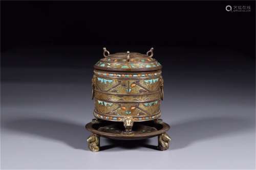 A Chinese Bronze Incense Burner with Gold Inlaided