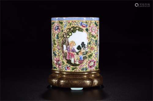 A Chinese Yellow Ground Famille-Rose Porcelain Brush Pot