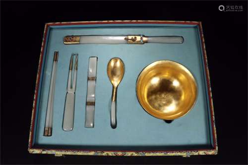 A Set of Chinese Carved Jade Tableware with Gold Inlaided