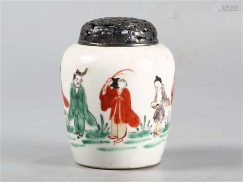 A Chinese Red and Green Glazed Porcelain Water Pot with Silver Cover