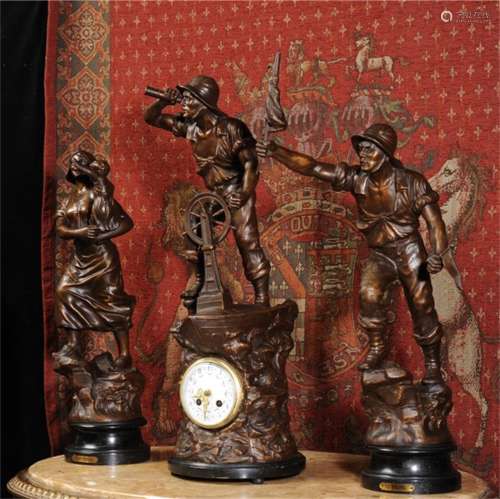 A Set of French Bronze Figures and Clock