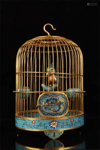 A Chinese Cloisonne Cage with Parrot Decoration