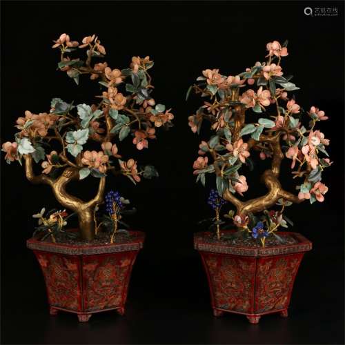 A Pair of Chinese Carved Tixi Lacquer Bonsai with Carved Jade Inlaided