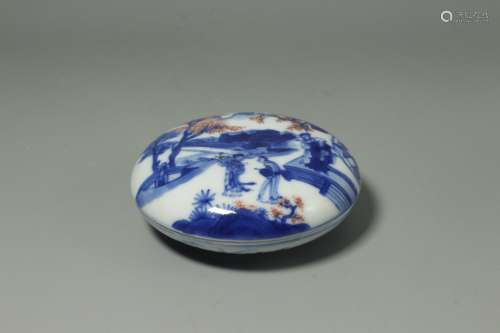 A Chinese Iron-Red Glazed Blue and White Porcelain Ink-pad Box with Cover