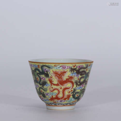 A Chinese Yellow Ground Famille Rose Porcelain Cup