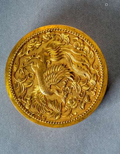 A Chinese Phoenix Pattern Gilded Bronze Compact with Cover