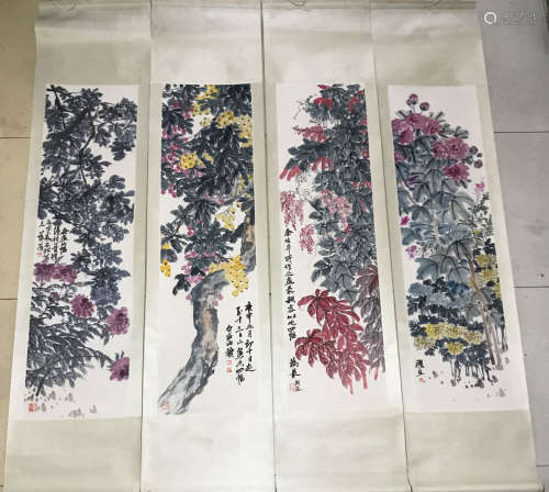 4 Chinese Flower-and-plant Scrolls, Qi Baishi Mark