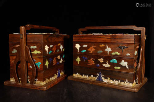 A Chinese Rosewood Box Inlaid with Gems