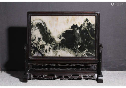 A Chinese Red Sandalwood Marble Inlay Screen