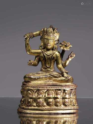 EXTREMELY RARE FORM OF 4 ARMED MANJUSHRIBronzeNepal or Tibet , 15th centuryDimensions: Height 11