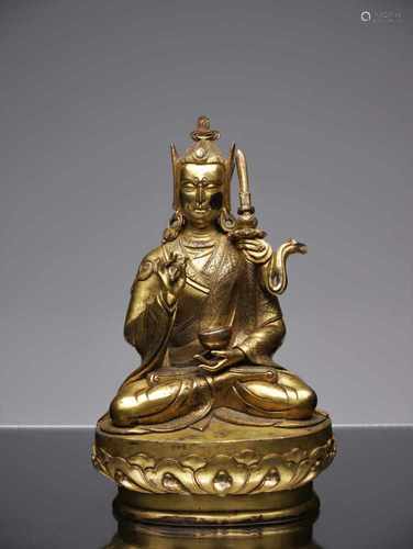 PADMASAMBHAVABronze fire giltTibet 19th centuryDimensions: Height 20 cm ; Wide 12 cm ; Depth 9