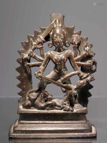 STANDING DURGABronzeSouth - India , 16th centuryDimensions: Height 10 cm ; Wide 8 cm ; Depth 4
