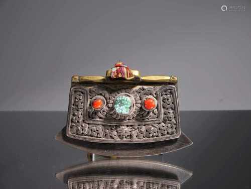 LIGHTERIron and Bronze with Coral and TurquoiseTibet, 18th centuryDimensions: Wide 13 cm Height 9,