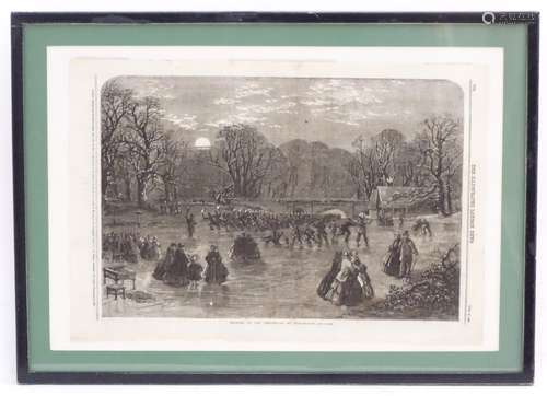 XIX, English School, Etching, Skating on the Serpentine by Torchlight, Hyde Park, London,