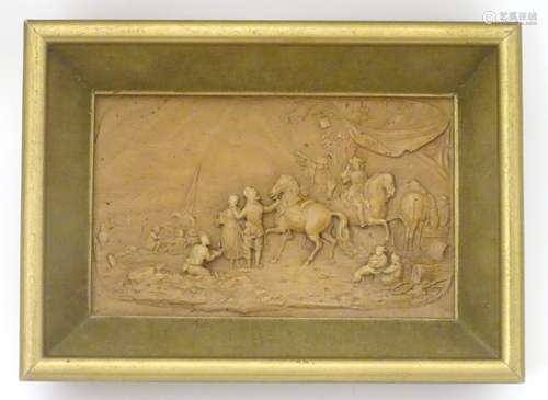 A carved / moulded composite relief scene depicting figures in a landscape with horses, dogs etc.