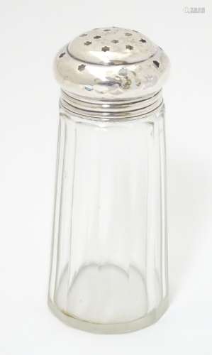 A glass caster / mufineer with silver top hallmarked Birmingham 1945 5