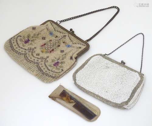 Two 20thC bead work evening bags / purses, one with floral garland decoration, a metal frame,