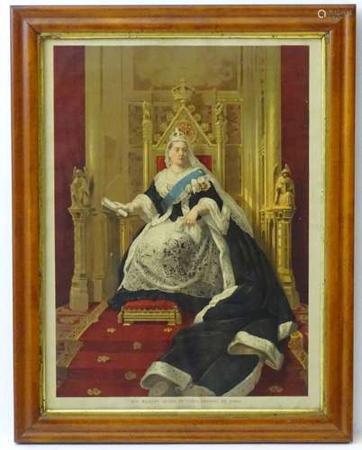 Victorian chromolithograph in a maple frame, 'Her Majesty Queen Victoria, Empress of India',