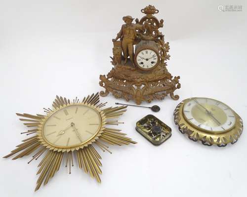 Three assorted clocks, to include a German retro electric sunburst clock by Junghans,