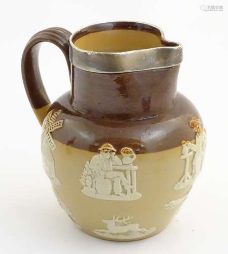A Royal Doulton two tone salt glaze jug with hallmarked silver rim, Chester 1905,