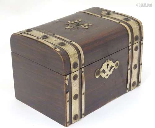 A late 19thC wooden box / tea caddy with applied banded stud decoration. Approx.