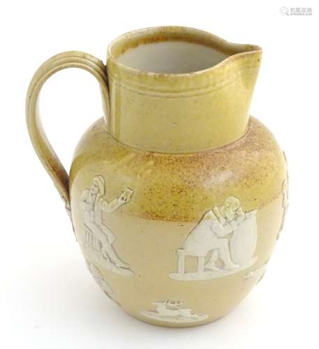 A Royal Doulton salt glaze jug with relief decoration of harvest and hunting scenes,