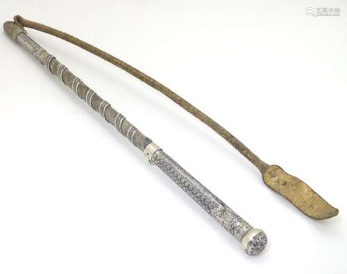 A 19thC riding crop / whip with white metal and niello decoration,