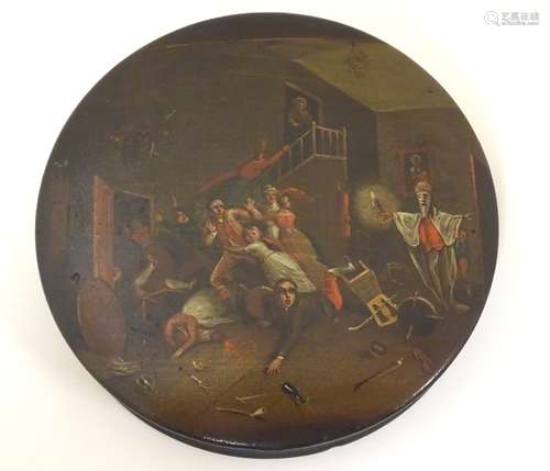 A 19thC papier mache and lacquered circular table snuff box with painted decoration depicting an