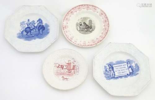 Four assorted Victorian nursery and ecclesiastes transferware plates.