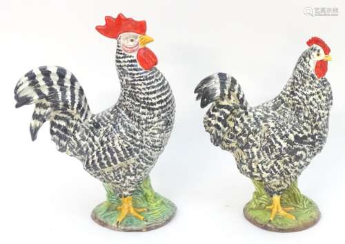 Two large 20thC Italian ceramic chickens, an earthenware model of a hen and a cockerel.