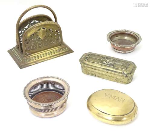 Three assorted brass items, to include a two section letter rack with shield decoration,