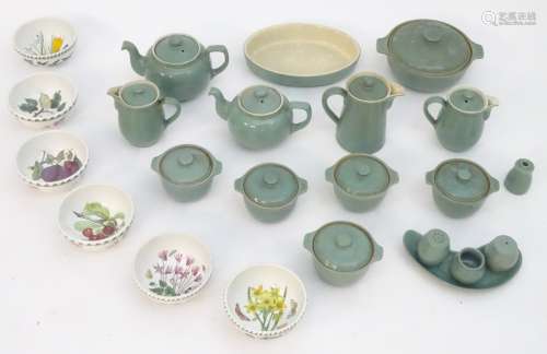 A quantity of Denby stoneware comprising a lidded pot, 5 lidded ramekins / small pots, 2 teapots,