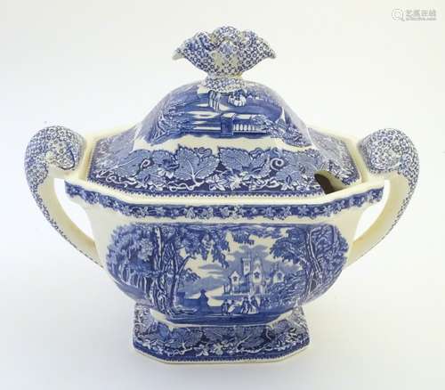 A Mason's ironstone china blue and white lidded tureen with twin handles, in the pattern Vista.