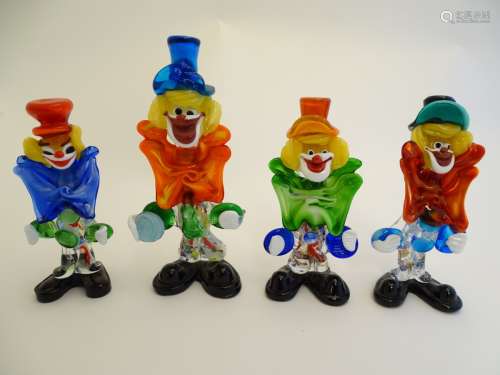 Four assorted retro Murano glass clowns.