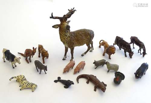 Toys: A quantity of lead farm and zoo / wild animals. Together with a cold painted stag, approx.