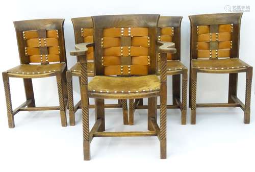 An early 20thC set of five oak Arts & Crafts chairs designed by 'George Henry Walton' with leather