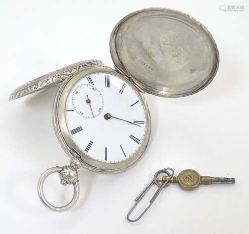 Silver Swiss enamel decorated pocket watch: a key wind 'Argent' Swiss Hunter pocket watch with