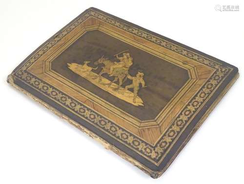 A 19thC Sorrento ware velvet lined blotter with marquetry decoration depicting figures on horseback