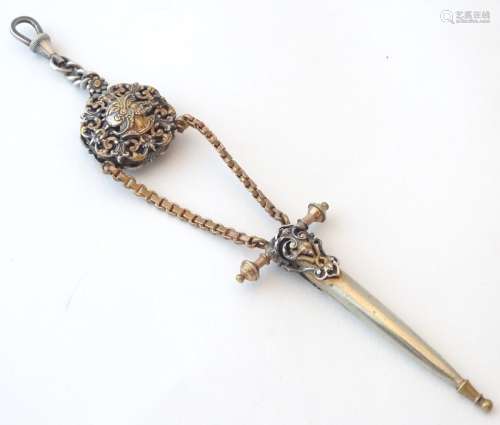 A Victorian silver gilt and silver plate hanging scissor sheath with chatelaine attachment and