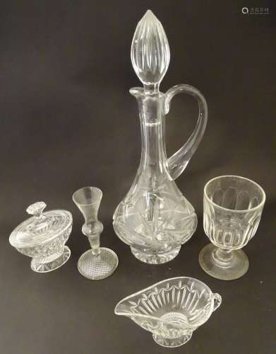 5 assorted glass items including a cut glass jug 12 1/2