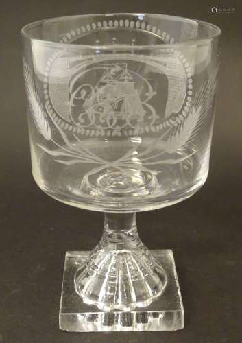 A 19thC glass rummer with engraved Sunderland bridge decoration with sailing ship and monogrammed