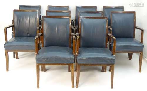 A set of ten mid / late 20thC blue leather open armchairs,