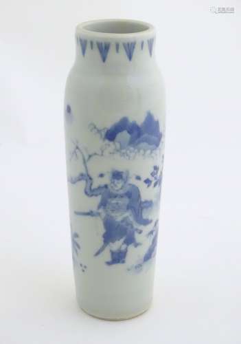 A Chinese blue and white vase of narrow form, depicting figures in a stylised landscape. Approx.