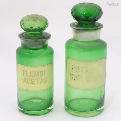 Two 20thC green glass pharmacy / chemist / apothecary bottles, one labelled Plumbi Acetas,