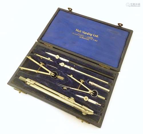 A cased Hall Harding Ltd drawing set of technical tools, including compasses etc.