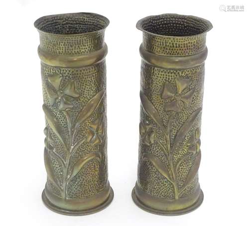 Militaria: a WWI / First World War / World War 1 pair of Trenchart vases formed from German