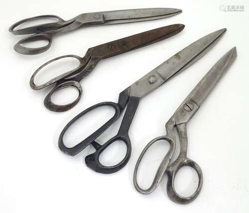 Four pairs of scissors / shears, one pair marked J. Stringer & Sons, Sheffield. Largest approx.