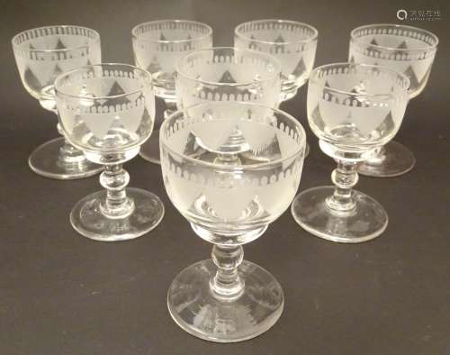 Eight 19thC pedestal glasses with etched decoration. 3x 3 1/2