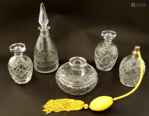 A mid century cut glass dressing table set comprising scent bottles,